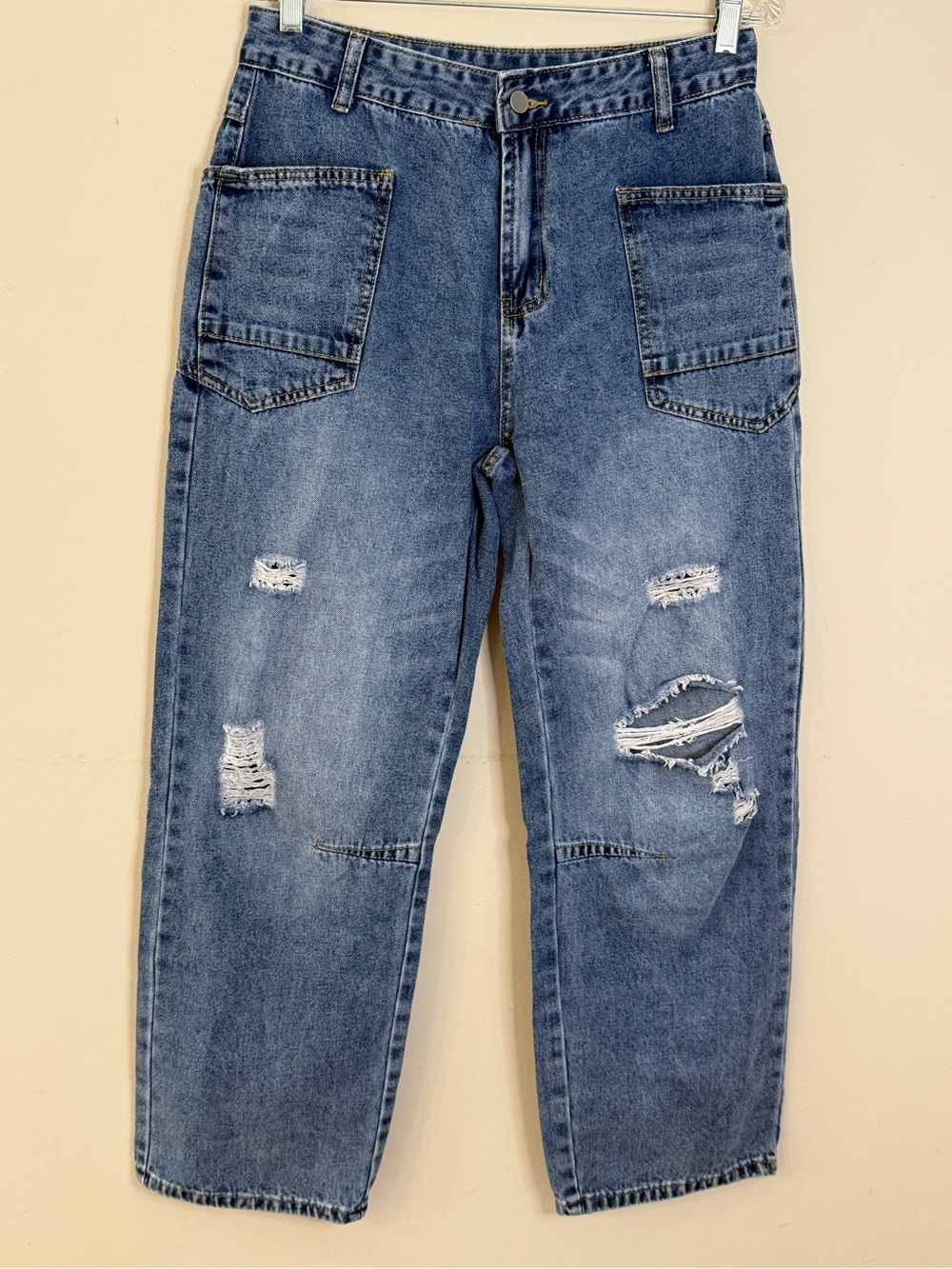 Retro vintage style straight cropped distressed boho grunge jeans SZ LG